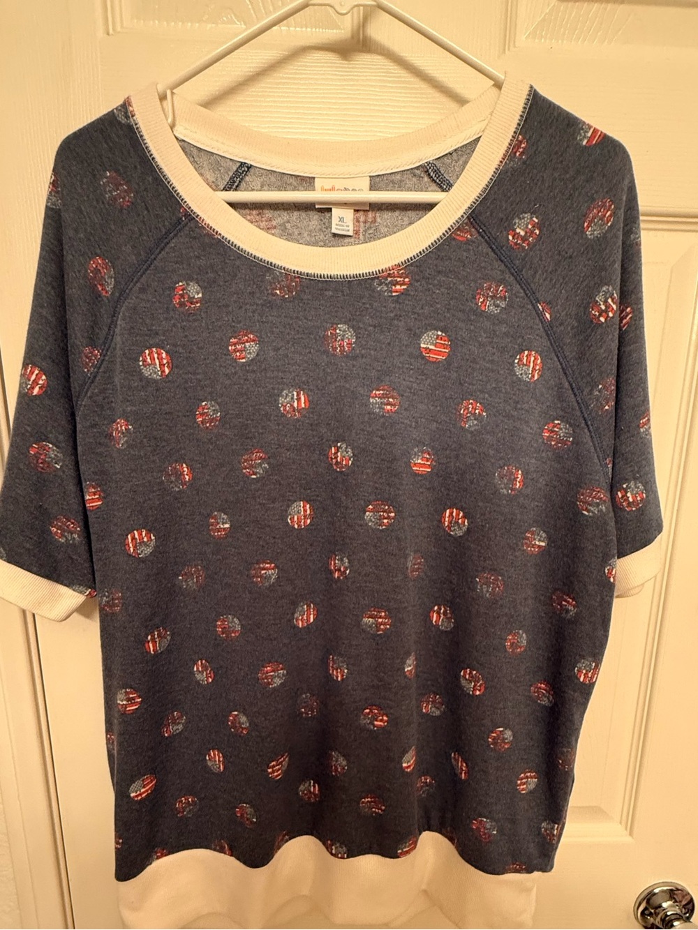 LuLaRoe Navy Short Sleeve Sweatshirt with Red White and  Blue